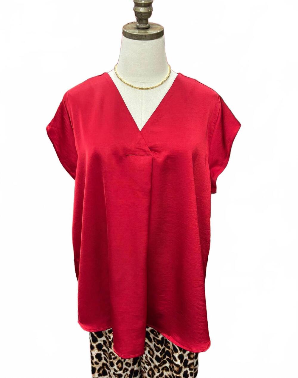 NEW SPIN women's silky v-neck everyday blouse - plus in red